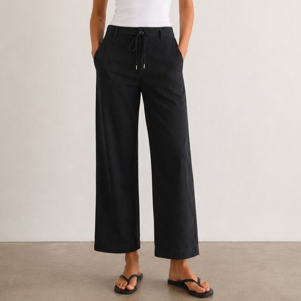 Monrow Black Straight Leg Pants Cropped Casual Trousers Drawstring Travel Small